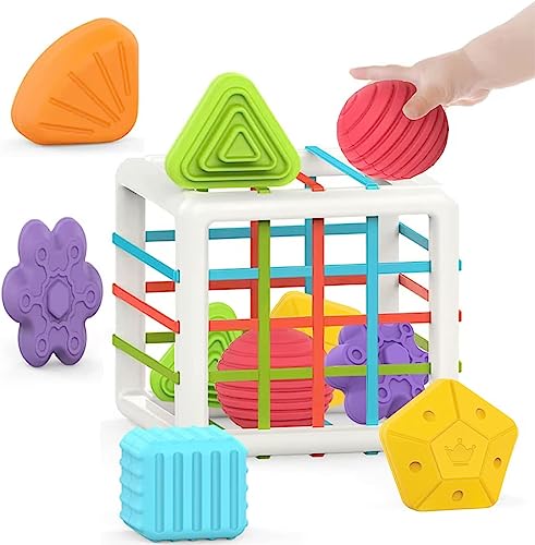 DEOXY Baby Shape Sorting Toy, with Blocks Colorful Cube and Alphabets, Shape Sorting Toy, Learning Activity for Fine Motor Skills for Birthday Gifts for 1 Year Old Girls Boys (10 PCS)