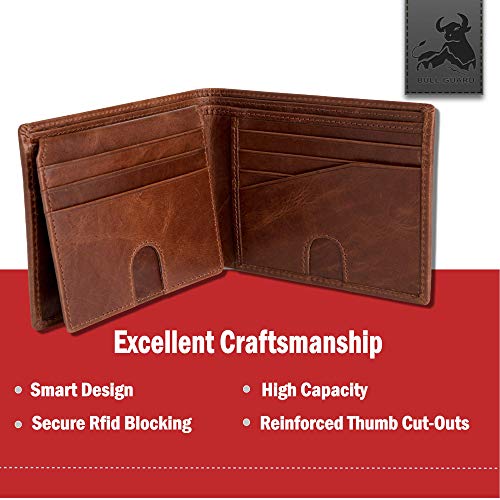 BULL GUARD Mens RFID Blocking Bifold Wallet Soft Genuine Leather Brown Western - Image 5