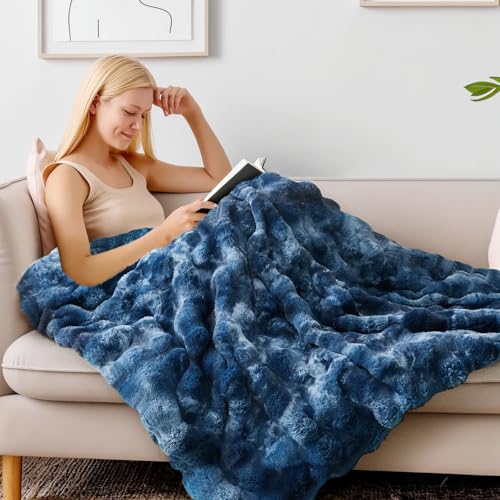 BEDELITE Faux Fur Throw Blanket for Couch, Decorative Tie-Dye Blue Plush Bubble Blanket - Super Soft & Cozy Fluffy Faux Rabbit Fur Blanket for Women Gift, 50x60 Inches