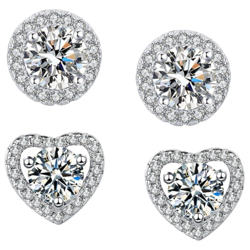 FENQURO 2 Pares Pendientes de Plata de Ley 925, Pendientes Grandes de Circonita Cúbica, Pendientes de Diamantes Falsos, Juego de Tachuelas de Plata, Pendientes de Circonita Cúbica