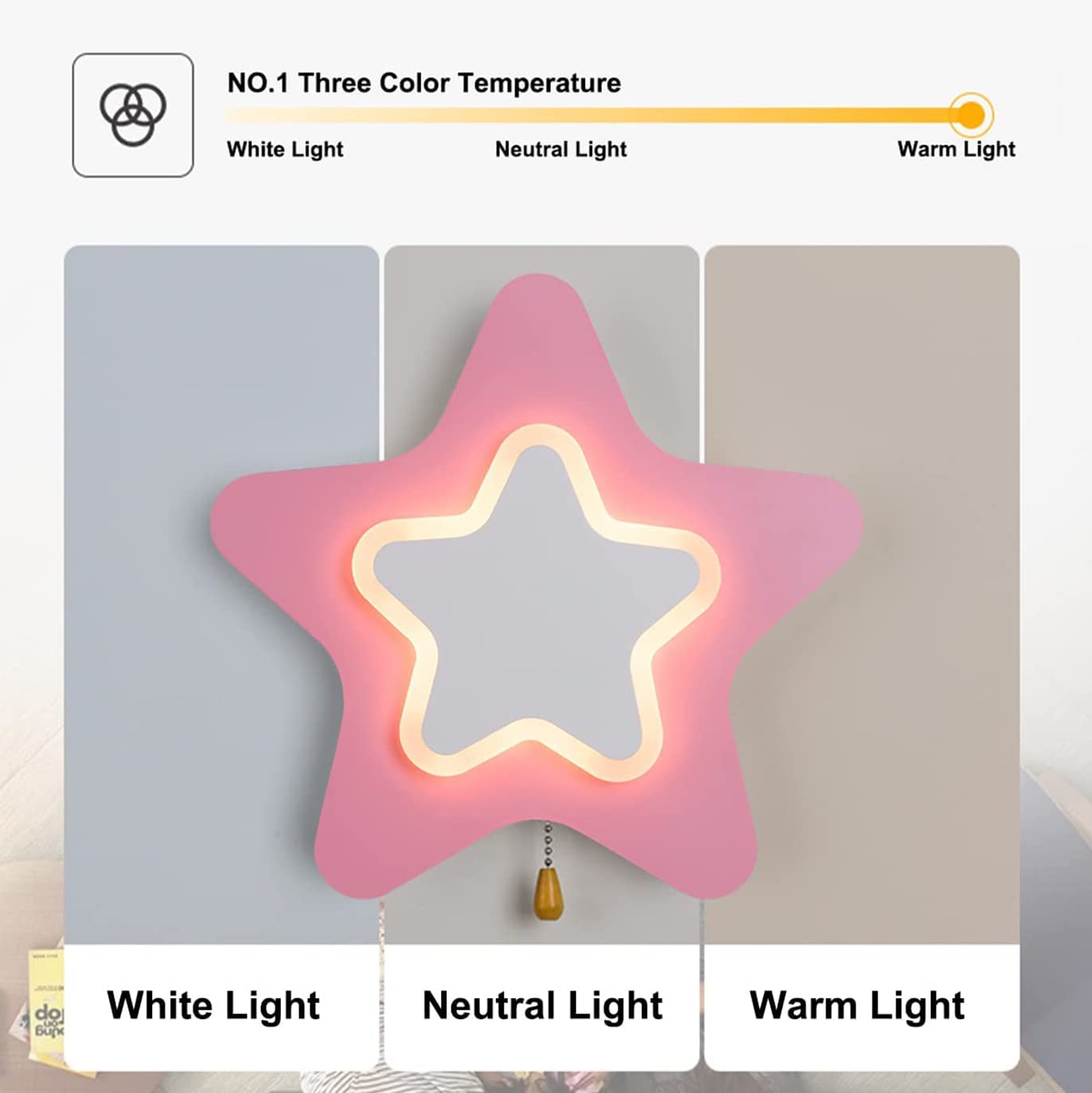 14W LED kinkiet do pokoju dziecięcego gwiazda, kinkiet w stylu kreskówki z wyłącznikiem, ściemniana lampka nocna dla dzieci, projekt ochrony oczu lampka nocna, akrylowy abażur,Pink