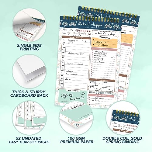 Decorably 52 Sheets Boho Rainbow Undated Daily Notepad - 6.5x10in Spring-Bound Planner, Easy Tear-Off, for Schedule, Priorities, to Dos, Agenda, Water Intake, Meals, Notes & Doodles - Home, Office - Image 4