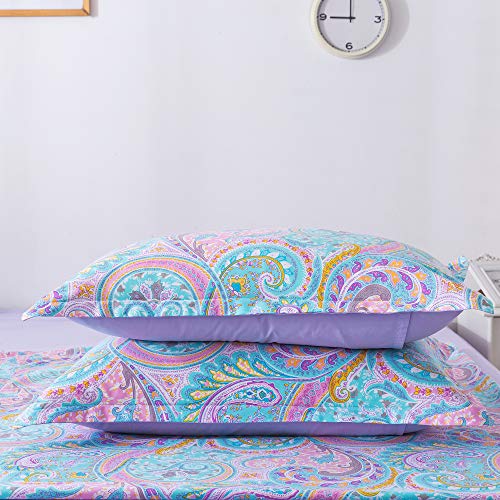 Softta Vintage Queen Size Boho Colorful Paisley 100% Cotton 4Pcs Girls Kids Western Bedding Sheets Sets 1 Paisley Pattern Flat Sheets 98'×102'+1 Pure Purple Fitted Sheets 60'×80'+16.5'+2 Pillowcase #TOP6
