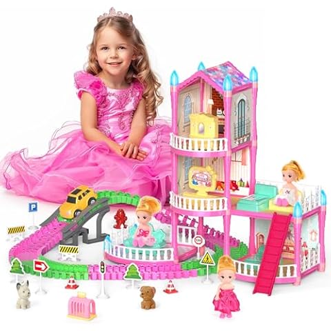Mastom Dolls House for Girls, Doll Girls Houses with Track Car Toys, Dolls, Pets, Car, Furniture and Accessories, Pink Dream Princess Castle Playset Toy Gifts for Toddler Girls Ages 3 4 5 6 7 8+ Cover