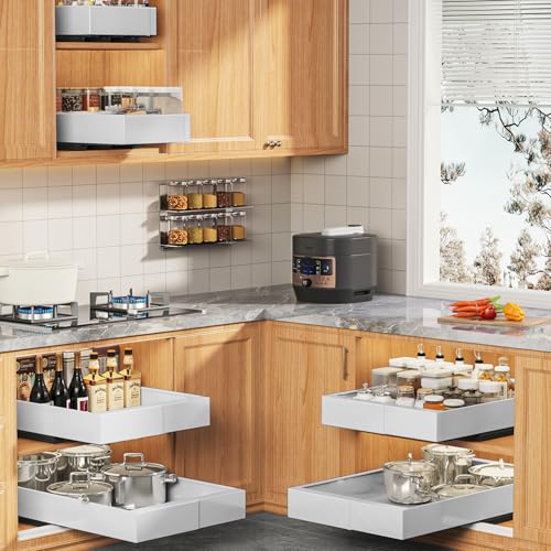 4 Pack Expandable Pull Out Cabinet Organizer 21" Deep With Raising Pad for Framed Cabinets,Upgrade 3 Slide Rails Slide Out Drawers,No Drill Roll Out Shelves,Adjustable Width 9"-14" White