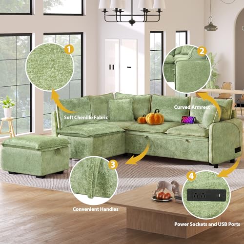 Image of ERYE 82.5 inch L-Shaped Left Facing Corner Sleeper Sectional Sofa with Pull Out Sleeper Couch Bed for Living Room,L-Shaped Boucle Upholstered Convertible Sofabed W /Storage Ottoman