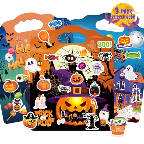 3Sets Halloween Reusable Sticker Books for Kids, Puffy Reusable Sticker Books for Toddlers 2-4 Years, Kids Halloween Party Favors