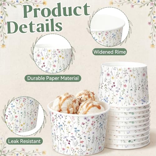 Image of Funnymoom 50 Pack Wildflower Ice Cream Cups 9 oz Spring Floral Disposable Dessert Bowls Flower Paper Soup Bowls Snack Cups for Hot or Cold Food Summer Tea Wedding Baby Shower Birthday Party Supplies