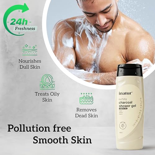 Image of inatur Charcoal Shower Gel | Detoxifying Body Wash | Deep Cleansing & Purifying | Sulfate-Free & Natural | With Basil, Neem & Lemon | Ideal for All Skin Types | Refreshing & Hydrating | 400ml