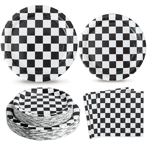 RVXHUA 150PCS Race Car Birthday Party Decorations - Black and White Checkered Plates and Napkins for 50 Guests Disposable Tableware Supplies for Birthdays Game Day and Racing-Themed Parties