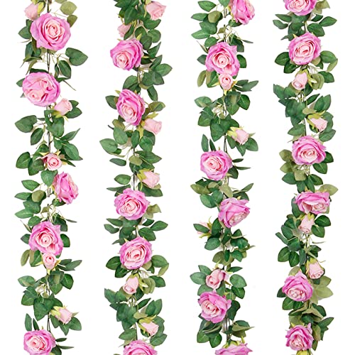 TELDRASSIL 4Pcs26 FT Artificial Rose Vine Fake Flower Garland Fake Silk Rose Hanging Vine for Wedding Party Background Arch Garden Background Decoration Purplish Red