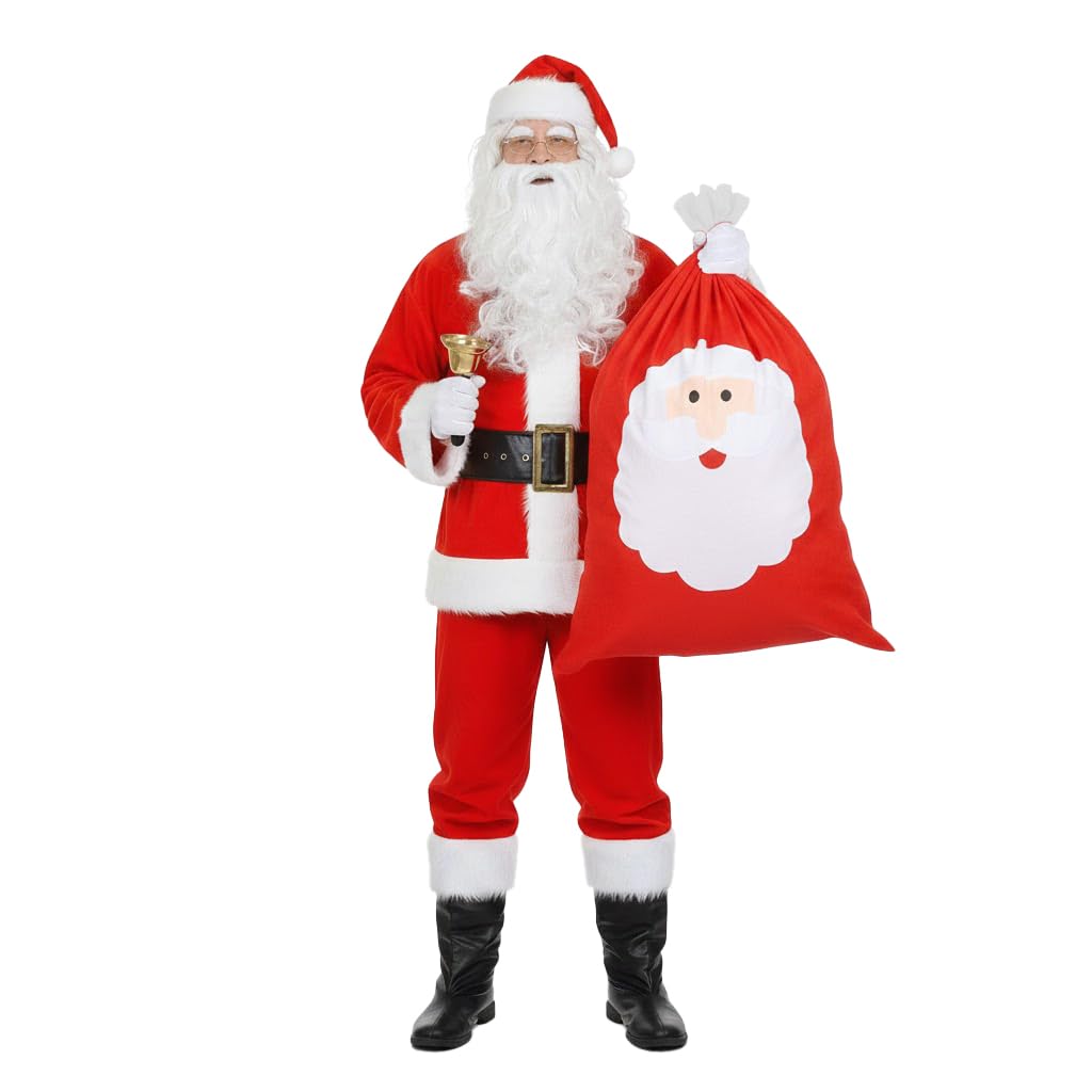 Costume de Père Noël 12 pièces - Comprend : veste, pantalon, perruque, barbe, sac, lunettes, sourcils, gants et clochette