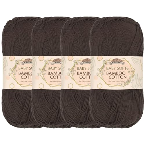 JubileeYarn Baby Soft Bamboo Cotton Yarn - 50g/Skein - Dark Brown - 4 Skeins, 6FY23 Dark Brown