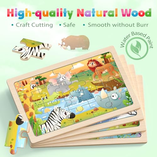 Image of Zeoddler Jumbo Wooden Puzzles for Toddlers, 4 Pack Animal Jigsaw Puzzles for Kids3-5, 20 Pieces Preschool Learning Activities, Learning & Educational Toys, Gift for Boys, Girls