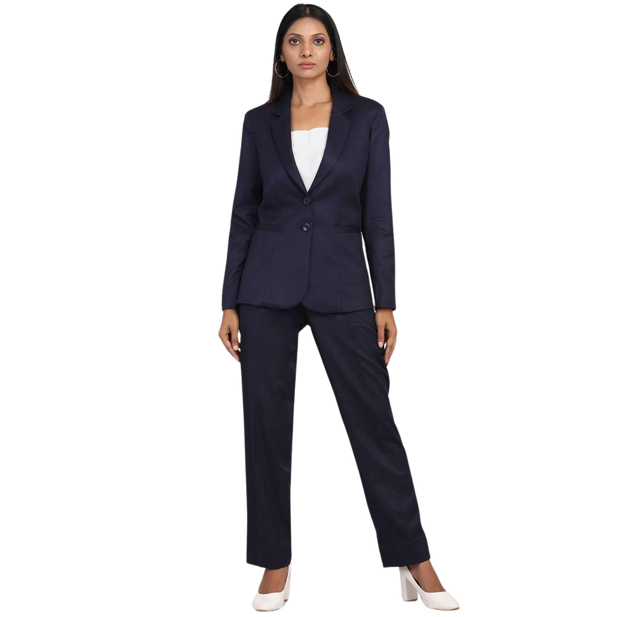 powersutra Women's Navy Blue Notch Collar Stretch Suit with Blazer & Trousers | Single-Breasted | Button Closure | Elastic Waist Pants | Polycotton Fabric-picture-31