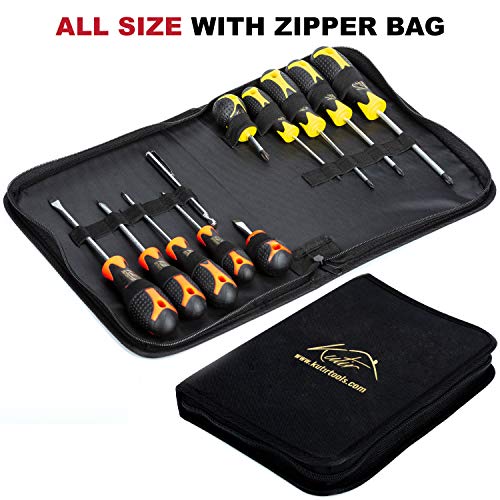 Screwdriver Set 11 Pieces Phillips and Slotted NON-SLIP WIDE COMFORTABLE HANDLE, Micro-Fine Grip, Heavy Duty, Rust Resistant, Fluted, MAGNETIC TIPS - Craftsman Toolkit For Wet, Oily Hand Work