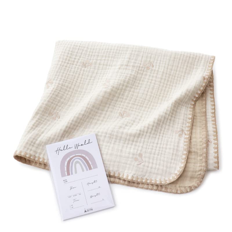 出産祝い ガーゼ ブランケット マンスリーカード 綿 イブルマット ベージュ さくらんぼ チェリー レモン  ［kusイブル6重ガーゼケット＋月齢カード］ (ベージュ)