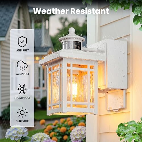 Image of Gleamz White Outdoor Porch Light with Outlet, 2-Pack Aluminum Front Door Motion Sensor Light, Waterproof Outside Garage Lights for House. Modern Dusk to Dawn Front Porch Lights for Patio, E26 Socket