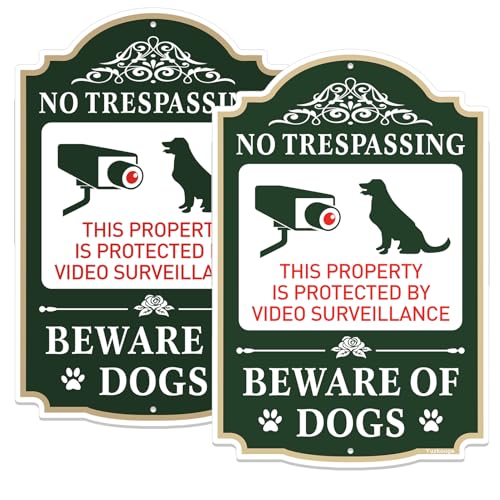 Yuzkouge No Trespassing Beware of Dogs Sign - 2 Pack, 12” x 8” Rust Free Aluminum Private Property Sign, Weatherproof, Fade Resistant, Easy Mounting.