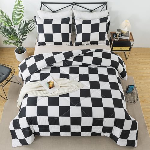 Caressma Black and White Checkered Comforter Set Plaid Twin Size Checkered Boys Bedding Set for All Seasons Farmhouse Soft Microfiber Comforter with Pillowcase