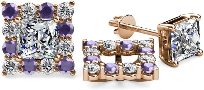 Iolite & Natural Diamond (SI2-I1,G-H) Halo Jacket for Princess Cut Stud Earrings 0.72 ctw 14K Gold