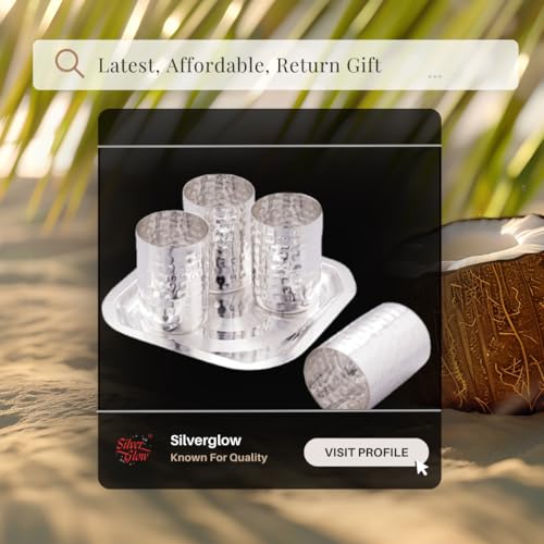 Image of Silverglow Krush Tray Glass Set | Silver Plated Glass Set of 4 with Tray | Juice, Water, Beverages Serving Set | Tableware Set | Perfect Diwali, Office, Wedding Return Gift Item