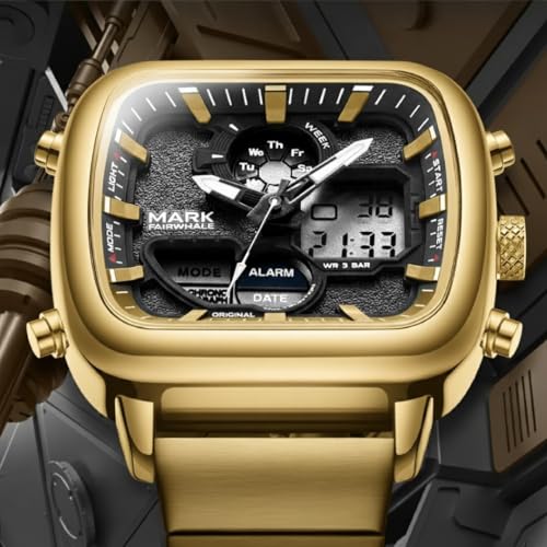 Image of Mark FAIRWHALE Luxury Men's Digital Quartz Watch - Waterproof 3ATM Chronograph Wristwatch with Luminous Display, Auto Date & Dual Time Display (Gold /Black)