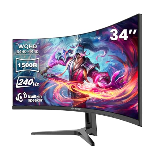 Image of CRUA 34 inch WQHD 240Hz Ultrawide Curved Gaming Monitor, 1500R, FreeSync, Black | 3440x1440 VA Screen With 120%sRGB, Built-In Speakers, HDMI 2.1 /DP 1.4 and 75x75mm Wall Mount For Gaming, Streaming and Work