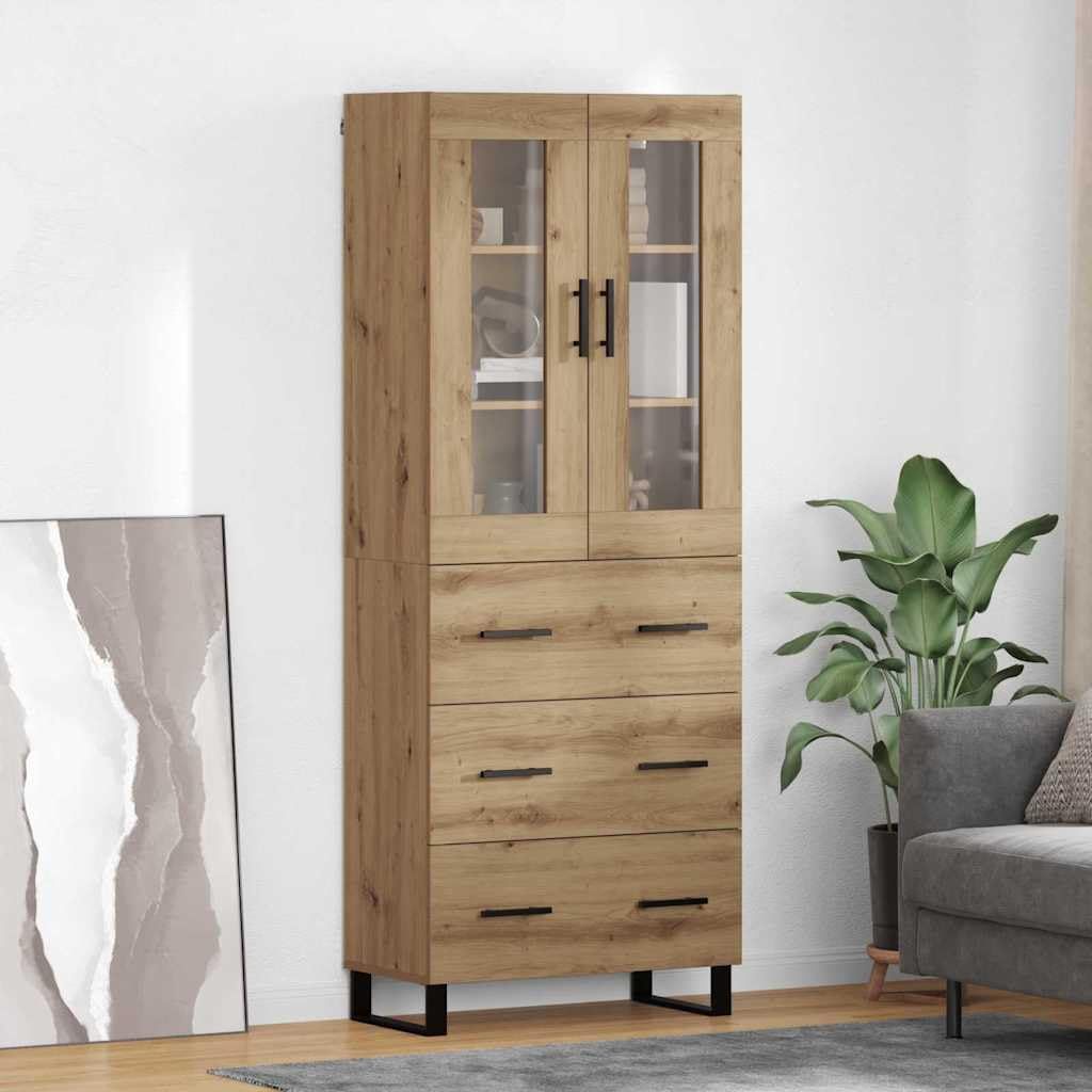 Modern Highboard with Doors, Artisan Oak Engineered Wood & Glass, 69.5x34x180 cm, 2-Piece Buffet Cabinet for Dining Room & Living Room Storage