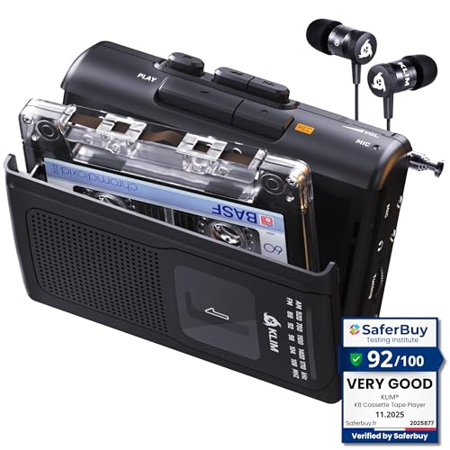 KLIM K8 Cassette Tape Player Portable + Cassette Recorder + New + AM/FM Walkman Cassette Player + Built-in Microphone & Speaker + Headphone Jack & Earphones