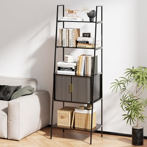 Image of LUVIOHOME 4 Tier Bookshelf with Drawer,Tall Narrow Bookcase with Shelves, Wood and Metal Bookshelves Storage Organizer,Industrial Display Standing for Living Room, Home Office, Entryway (Black)