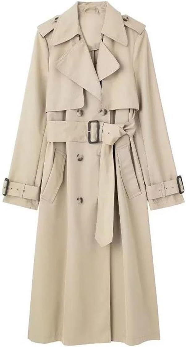 Women's Slim Trench Coats Solid Turn-Down Collar Long Sleeves Belt Decoration Double Breasted Female Coats
