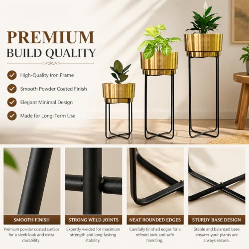 Image of TrustBasket Creata Strong Durable Premium Set of 3 (Gold) Planters for Home Decor - Plant Pots for Home Decor, Indoor Plants Stand for Living Room, Planters for Indoor Plants, Pot for Living Room
