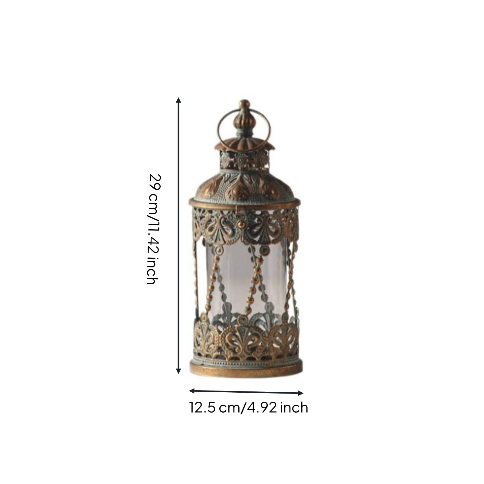 B Baosity Portavelas de Vidrio Hierro Farol Decorativo Antiguo Bronce Soporte de Vela Linterna con Trabajo en Base y Parte Europeo Adecuado para Salón Estudio Dormitorio, 12.5 12.5 29