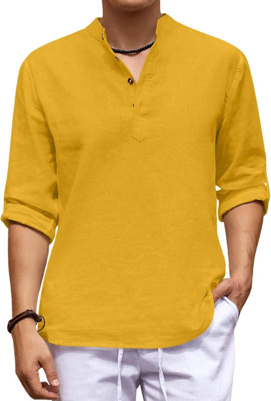 Image of ROYALSCOUT Men's Cotton Blend Casual Short Kurta Shirt with Notch Neck and Button Detail | Full Sleeve Straight Fit Lightweight Ethnic Top for Summer