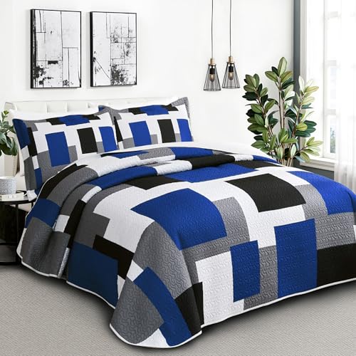 Image of Tyrot 3 Piece Blue White Grey Quilt King Size Blue White Gray Bedding Set | Lightweight Bedspread, Geometric Coverlet with 2 Sham, Modern Abstract Soft Microfiber, Bed Cover for All Season, 106''x96''