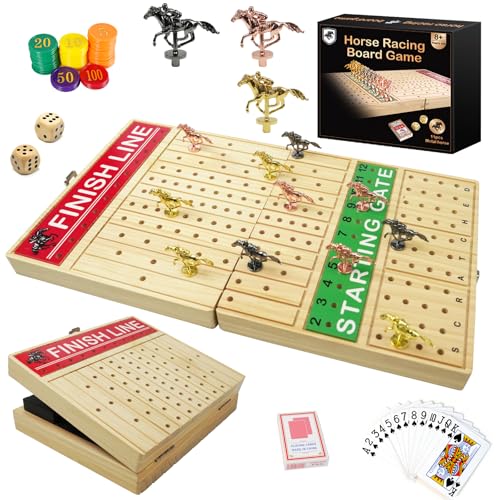 FUNNYB&G 21 inches Horse Race Board Game Foldable Large Horse Racing Game for Adults with 11 Metal Horses, Solid Wood 60 Pcs Poker Chips 2 Dice 1 Pack of Cards for Family Tabletop Parties(Log)