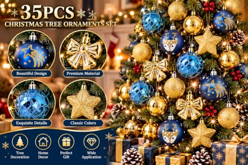 35 Piece Christmas Tree Ornaments Set Decorative Balls with Stars Bows and Reindeer Designs for Holiday Decor Navy Blue and Gold - image 3