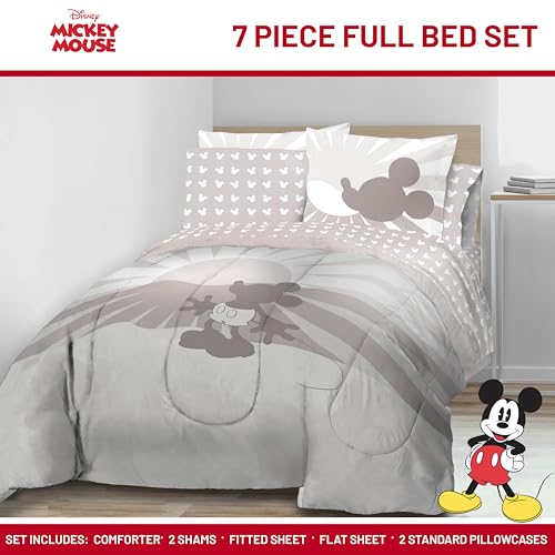 Image of Disney Mickey Mouse Full Comforter Set 7 Piece Cartoon Bedding, Grey | Bed in a Bag, Comforter Sheets Shams Pillowcases, Official Product, Soft Microfiber, Machine Washable, Kids Gift