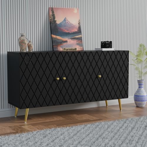 Image of Wooden Sideboard Cabinet for Living Room & Bedroom | Geometric Design Side Board Crockery Cabinet with 3 Doors Storage for Home | HDMR Premium Wood | Golden Metal Legs (Black)