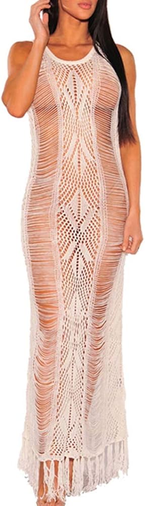 WAWJIR Women Sexy Soft Lace Stretch Crochet Hollow Beach Long Maxi Dress Tassel Swimsuit Bikini Cover Up Party Dress