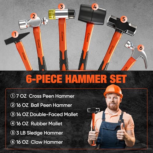 Image of Saker 6-Piece Hammer Set, 3lb Sledge Hammer,16oz Rubber Mallet, 16oz Ball Peen Hammer & Claw Hammer, 14oz Double-Faced Mallet, 7oz Cross Peen Hammer for Home Repair & DIY Projects