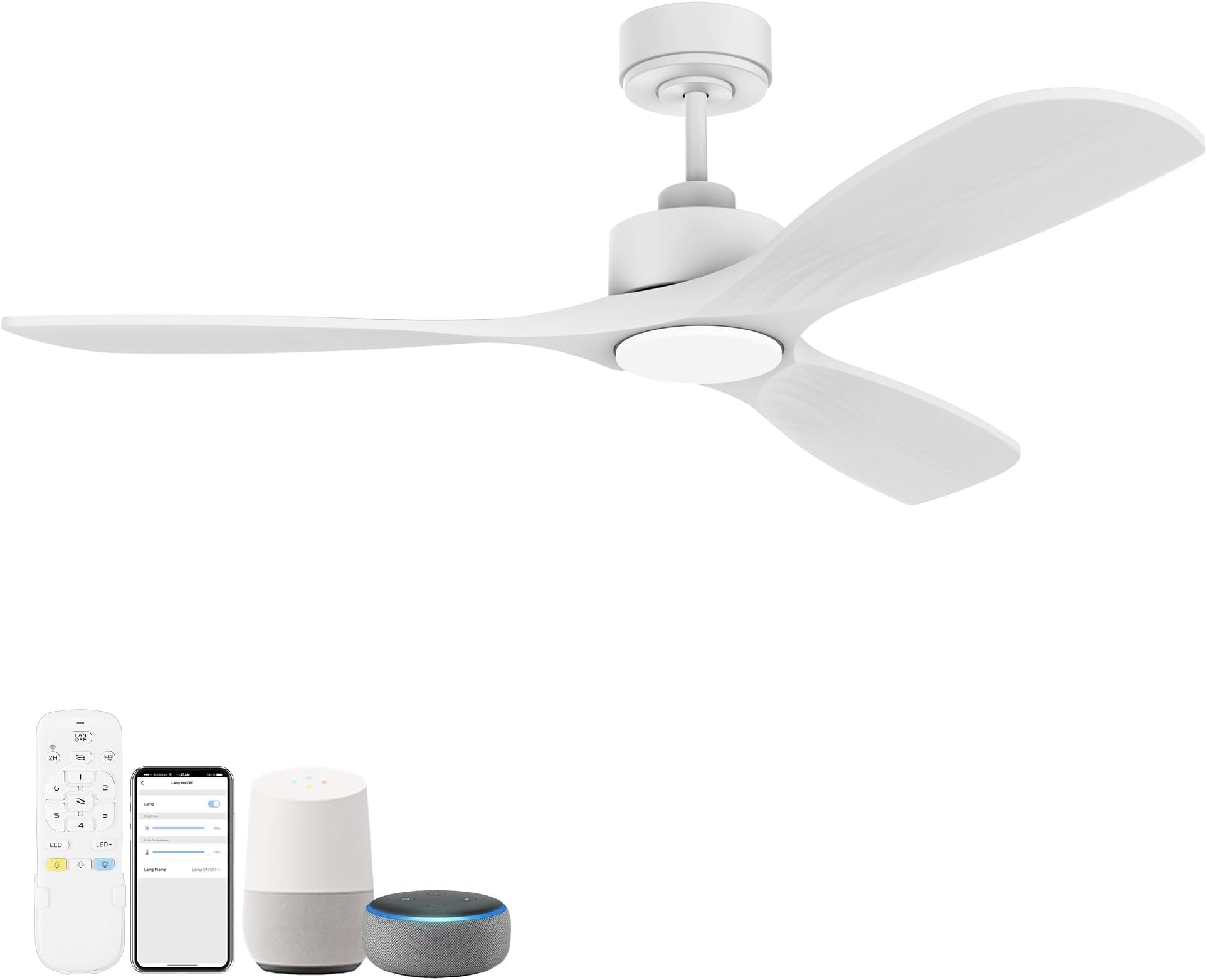 52” Wood Smart Ceiling Fans with Lights Remote,Quiet DC Motor,Outdoor Indoor Ceiling Fan,Voice Control via WIFI Alexa App,Dimmable,Modern White Lighting& Ceiling Fan for Bedroom Patio Porch