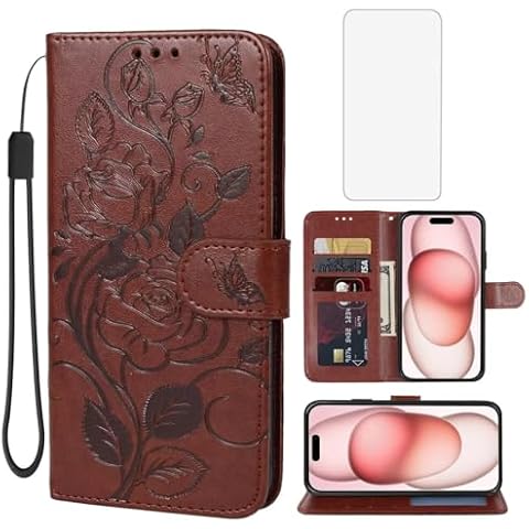 Vavies Case for iPhone 15 Case 6.1", Apple 15 Wallet Case with Tempered Glass Screen Protector, Flower Leather Flip Credit Card Holder Stand Phone Cover Cases for iPhone 15 Brown Cover