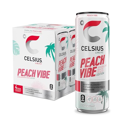 Image of CELSIUS Sparkling Peach Vibe, Functional Essential Energy Drink 12 Fl Oz (Pack of 4)