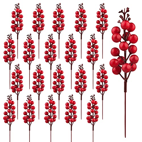 Jangostor 20 Piezas Decoración de Bayas,Palillos Artificiales de Bayas Acebo Bayas Ramas Tallos de Bayas navideñas para el árbol de Navidad Temporada de Vacaciones Decoración de Invierno (Rojo)