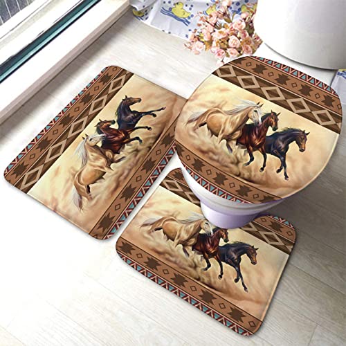 DONMYER Badezimmerteppich-Set, 3-teilig, Azetc Boho-Stil, Westernpferd, Badematten, WC-Konturmatte, Deckelbezug…