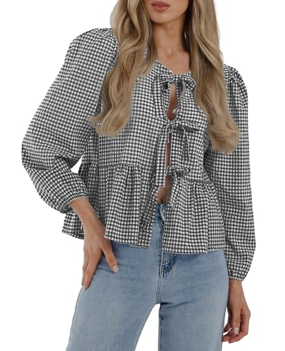 PRETTYGARDEN Women's Spring Fall Babydoll Peplum Blouse Shirt Puff Long Sleeve Bow Tie Front Trendy Cute Y2K Going Out Tops