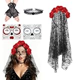 WZBBJuser Diadema del Día de Muertos Halloween Rosas, Velo Floral para Halloween, Disfraz Mexicano del Día de Los Muertos, Accesorios para Disfraces de Halloween (Rojo)