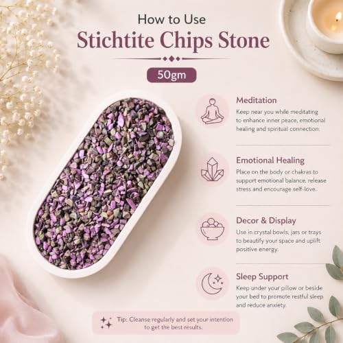 Image of Natural Stichtite Crystal Chips Stone 50 Gm for Reiki, Meditation, Vastu & Feng Shui | Polished Gemstone Chips for Home Decor, Jewellery Making, Resin Art & Craft